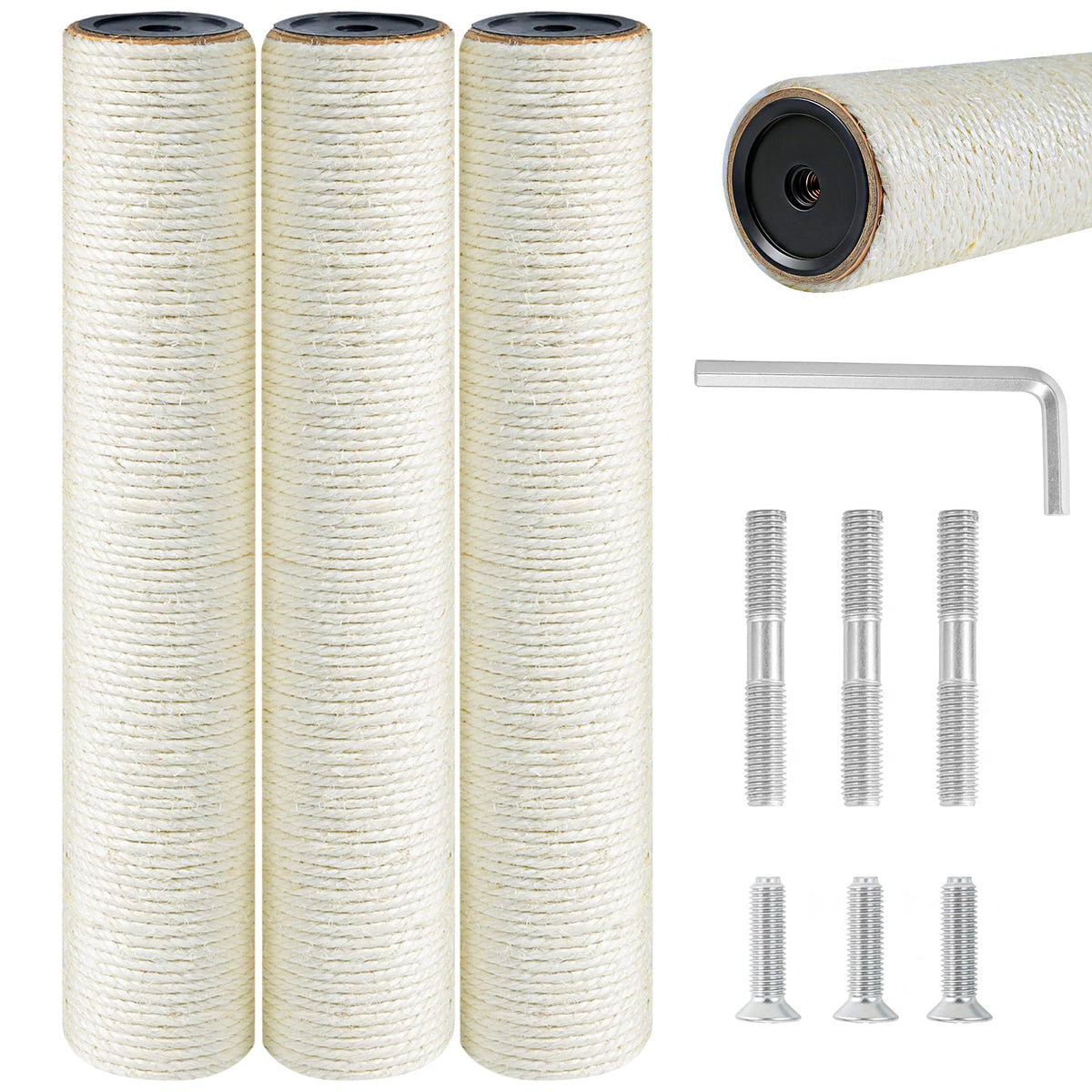 SYANDLVY Cat Scratching Post Replacement, 3PCS M8 Cat Tree Tower Parts with Screws, 15.7 x 3.1 Inch Natural Sisal Rope Wrapped Durable Pole for Cat Tower, Scratcher Posts Repair & DIY Cat Furniture