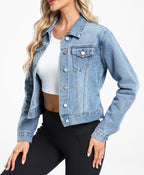 Andy & Natalie Jean Jacket Women Fashion Denim Jackets Long Sleeve Basic Button Down Cropped With Pockets Blue #02 X-small