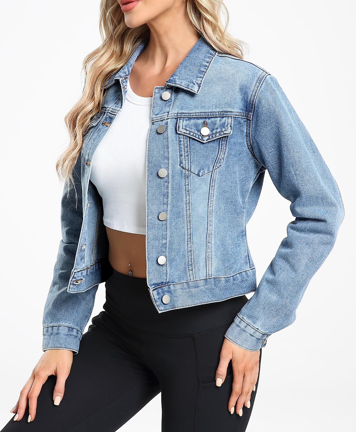 Andy & Natalie Jean Jacket Women Fashion Denim Jackets Long Sleeve Basic Button Down Cropped With Pockets Blue #02 X-large