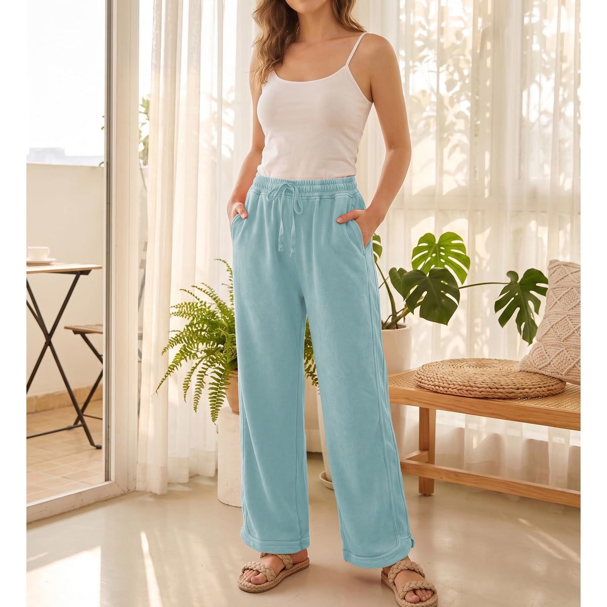 Hixiaohe Women's Casual Wide-Leg Sweatpants High-Waist - Mint-green