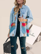Women's Lumister Aztec Denim Jacket Distressed Lapel Long Sleeve Vintage Button Down Shacket(0007-blue-s) - Multicolor