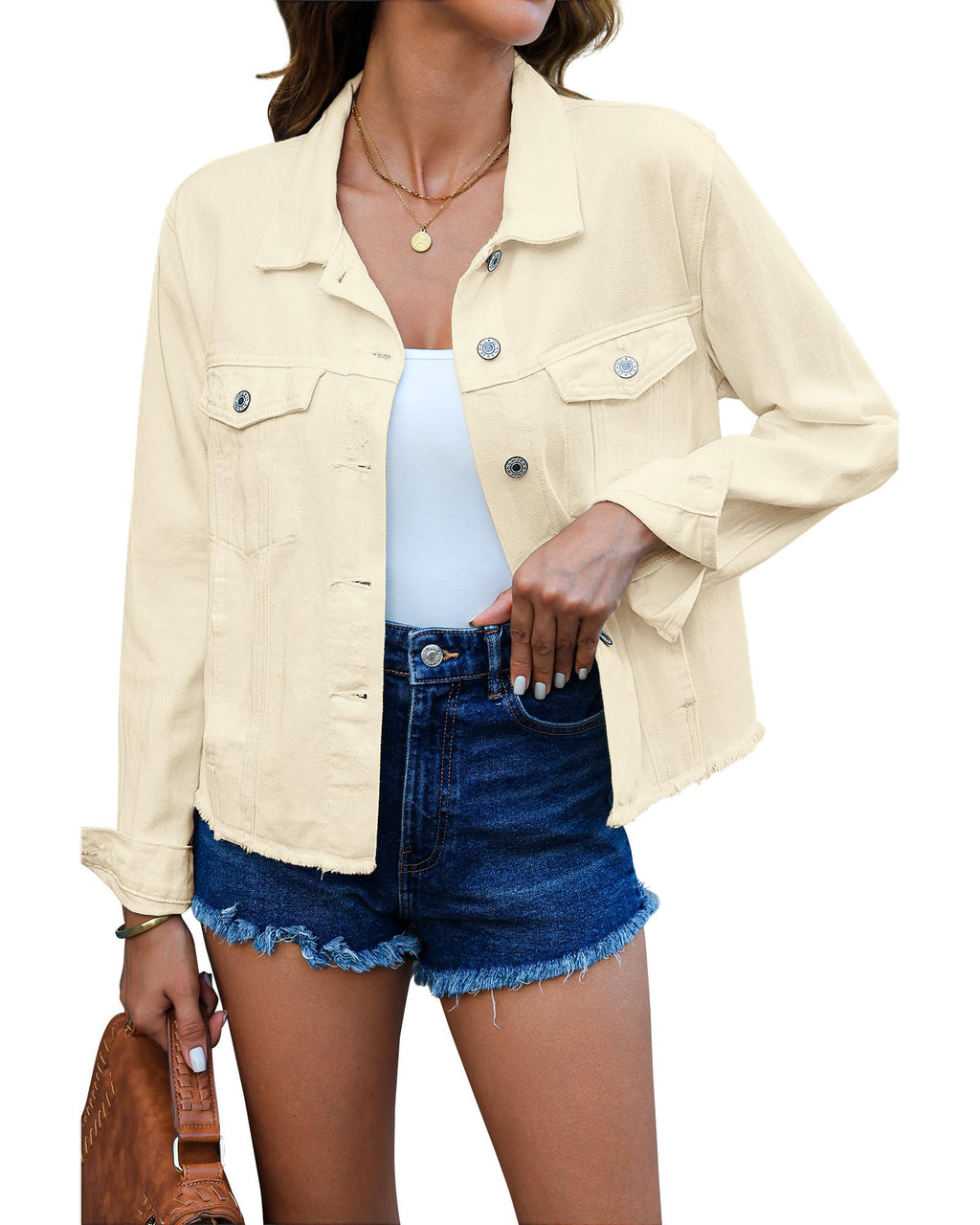 Luvamia Denim Jacket For Women Distressed Jean Jackets Button Up Vintage Western Trucker Frayed Hem Pockets Vanilla Large
