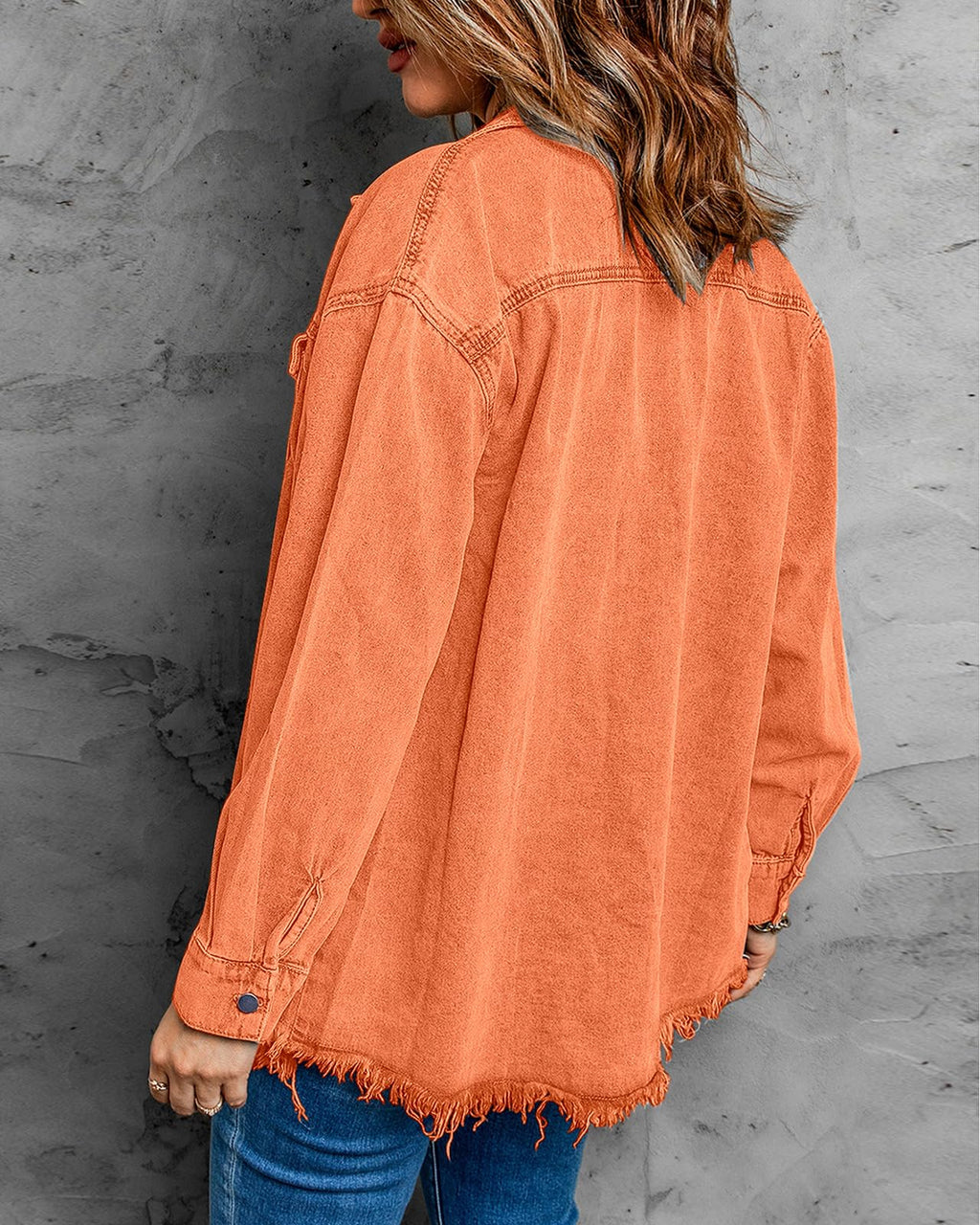 Vetinee Women's Denim Jackets Orange Front Button Up Frayed Raw Hem Long Sleeve Pockets Jean Jacket Shacket Medium Size 8 10