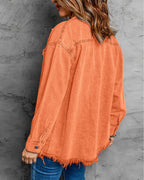 Vetinee Women's Fashion Oversized Boyfriend Orange Front Button Up Jacket Denim