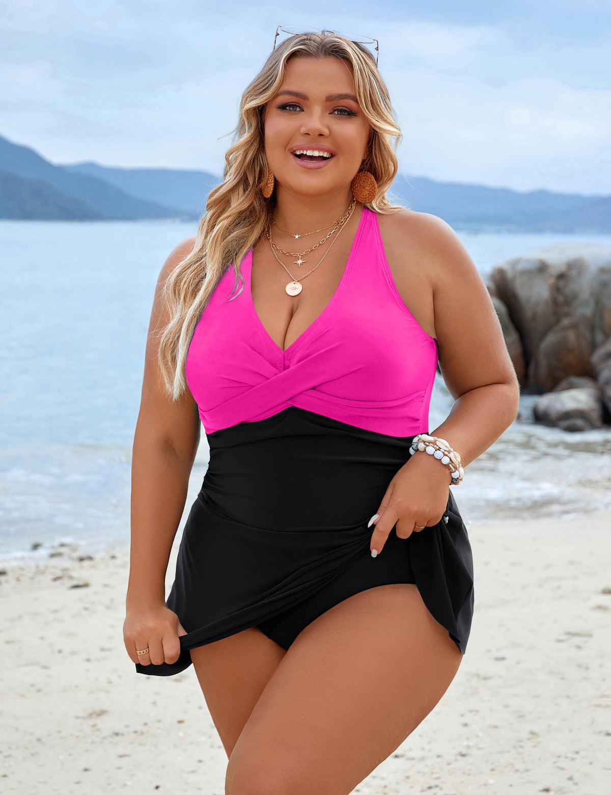 Blooming Jelly Women Plus-Size Swimdress One-Piece Tummy - Black Pink
