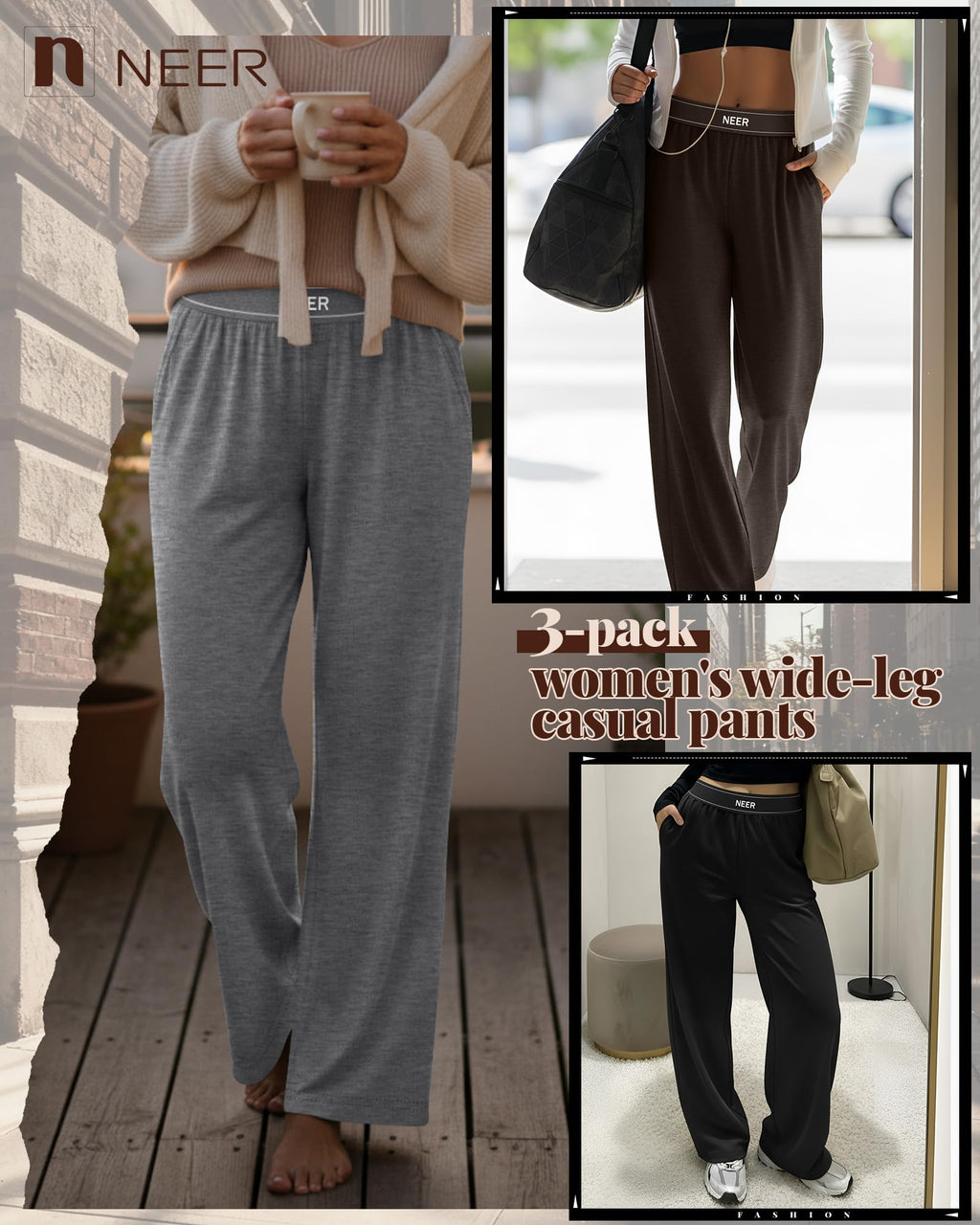 Neer 3 Pack Women's Cotton Lounge High-Waisted Pants - Size XX-Large