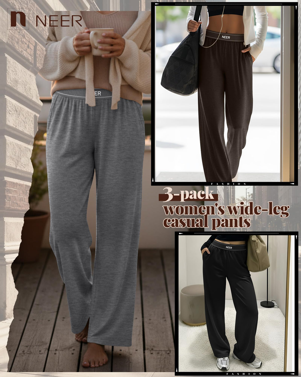 Neer 3 Pack Women's Cotton Lounge High-Waisted Pants - Style 8