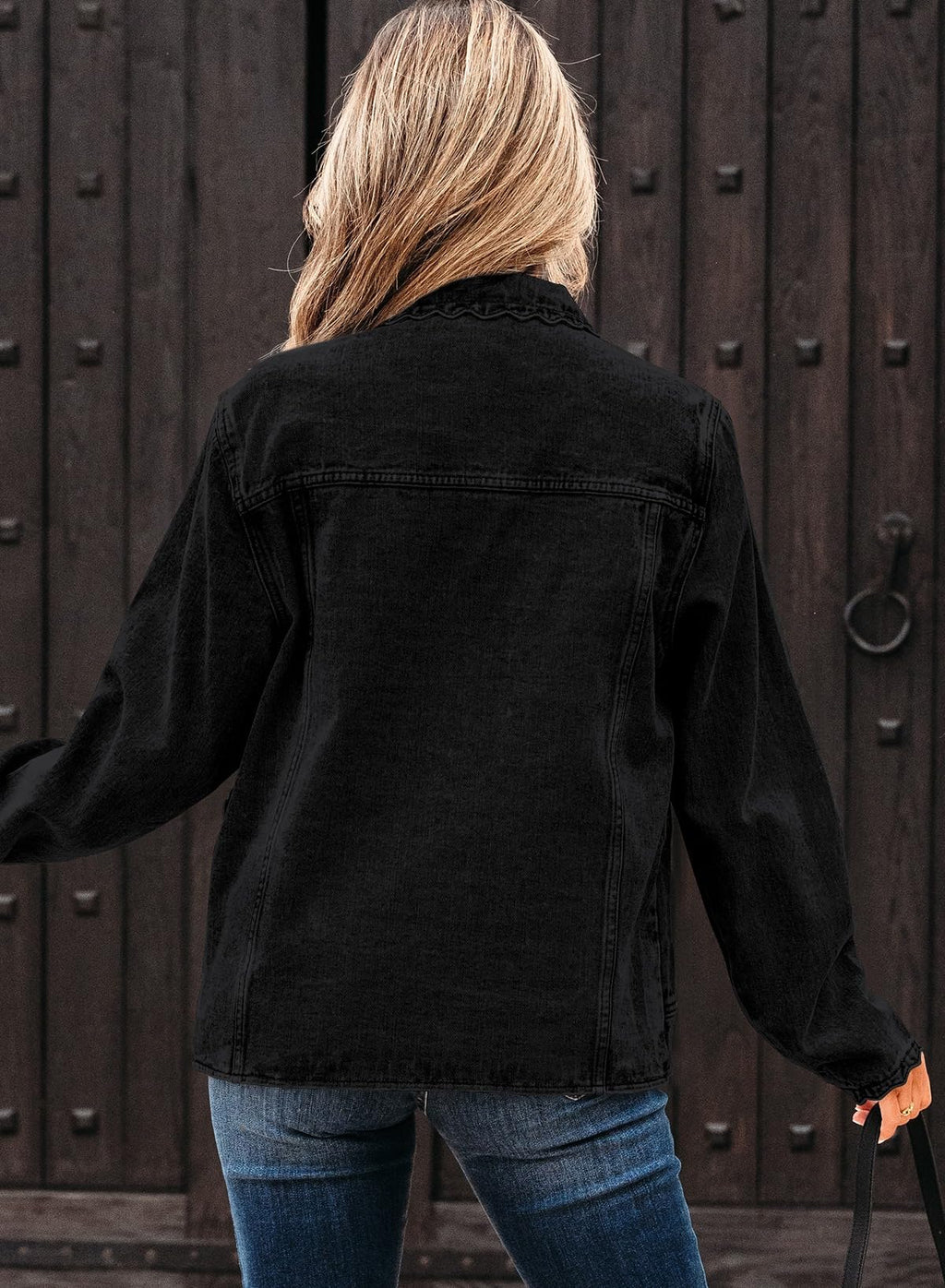 Sidefeel Women's Jean Jacket Long Sleeve Ruffled Denim Shacket Black S