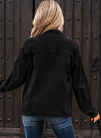 Sidefeel Women's Jean Jacket Long Sleeve Ruffled Denim Shacket Black S