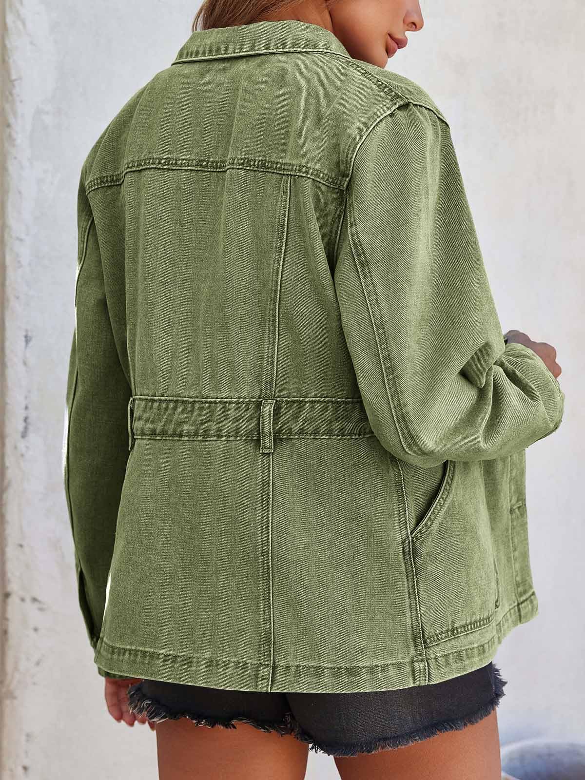 Tankaneo Womens Denim Jacket Distressed Jean Oversized Shacket - Army Green
