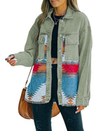 Lumister Women's Aztec Denim Jacket Distressed Lapel Long Sleeve Vintage Button Down Shacket(0007-vintagegreen-xxl) - Green