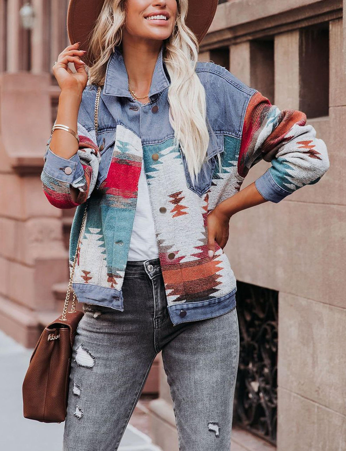Women's Lumister Aztec Denim Jacket Distressed Lapel Long Sleeve Vintage Button Down Shacket(0007-orange-s)