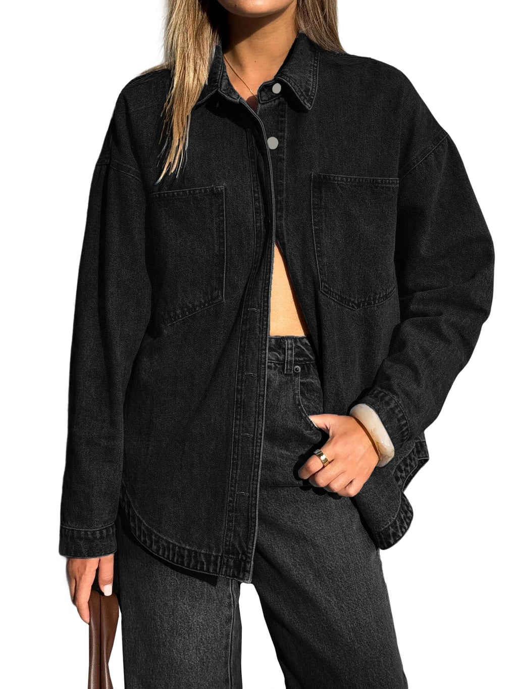 Emmiol Women Denim Shirts Oversized Long Sleeve Button Down Blouse Distresse Jean Jacket Fall Outfits 2026 A2 Black,xl