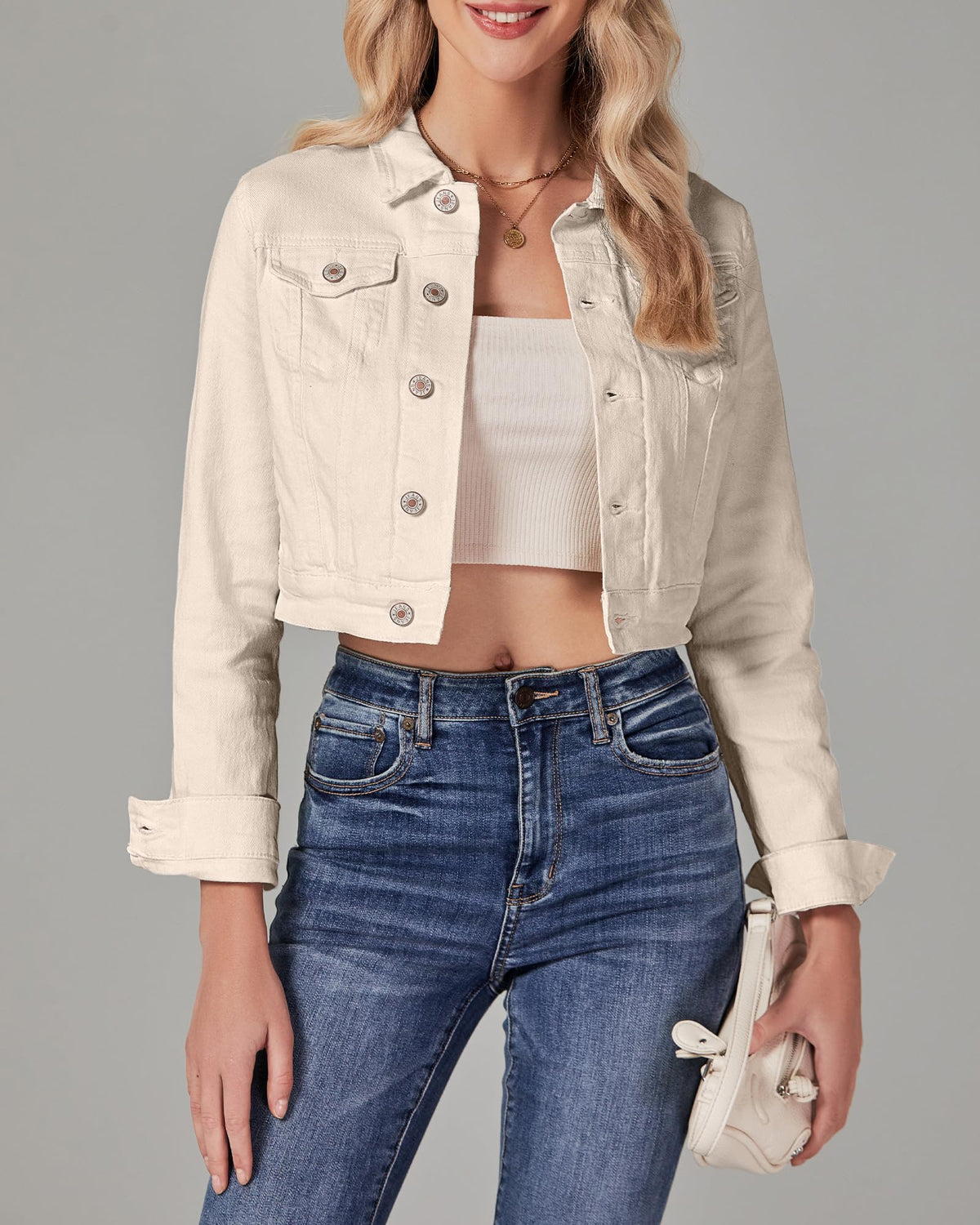 Luvamia Women's Fashion Long Sleeve Button Down Stretchy Denim Cropped Jacket - Cute Spring In Light Beige, Size Medium (fits 8/10)