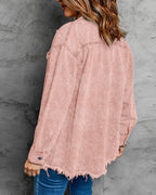 Vetinee Women's Oversized Boyfriend Dusty Pink Front Button Up Frayed Raw Hem Long Sleeve Pockets Denim Jean Jacket Shacket Medium Size 8 10