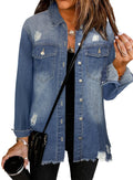 Bosmeer Womens Jean Jacket Lightweight Button Up Long Sleeve Denim Shirts Distressed Frayed Hem Coat Cowgirl Outfits For Women Western