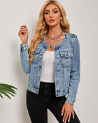Kedera Women's Denim Jacket Button Down Round Neck Long Sleeve Washed Cute Jean Jackets - Light Blue