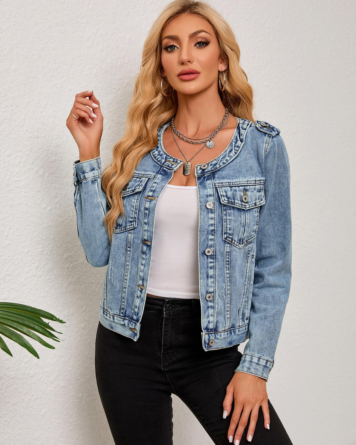 Kedera Women's Denim Jacket Button Down Round Neck Long Sleeve Washed Cute Jean Jackets - Light Blue