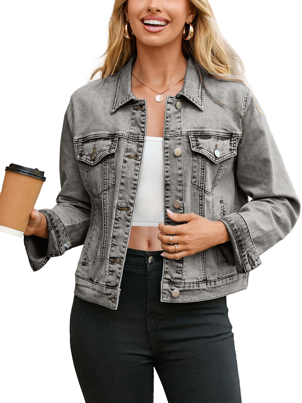 Glamaker Denim Jacket For Women 2026 Distressed Jean Jackets Button Down Casual Retro Oversized Shacket With Pockets (gray XL)