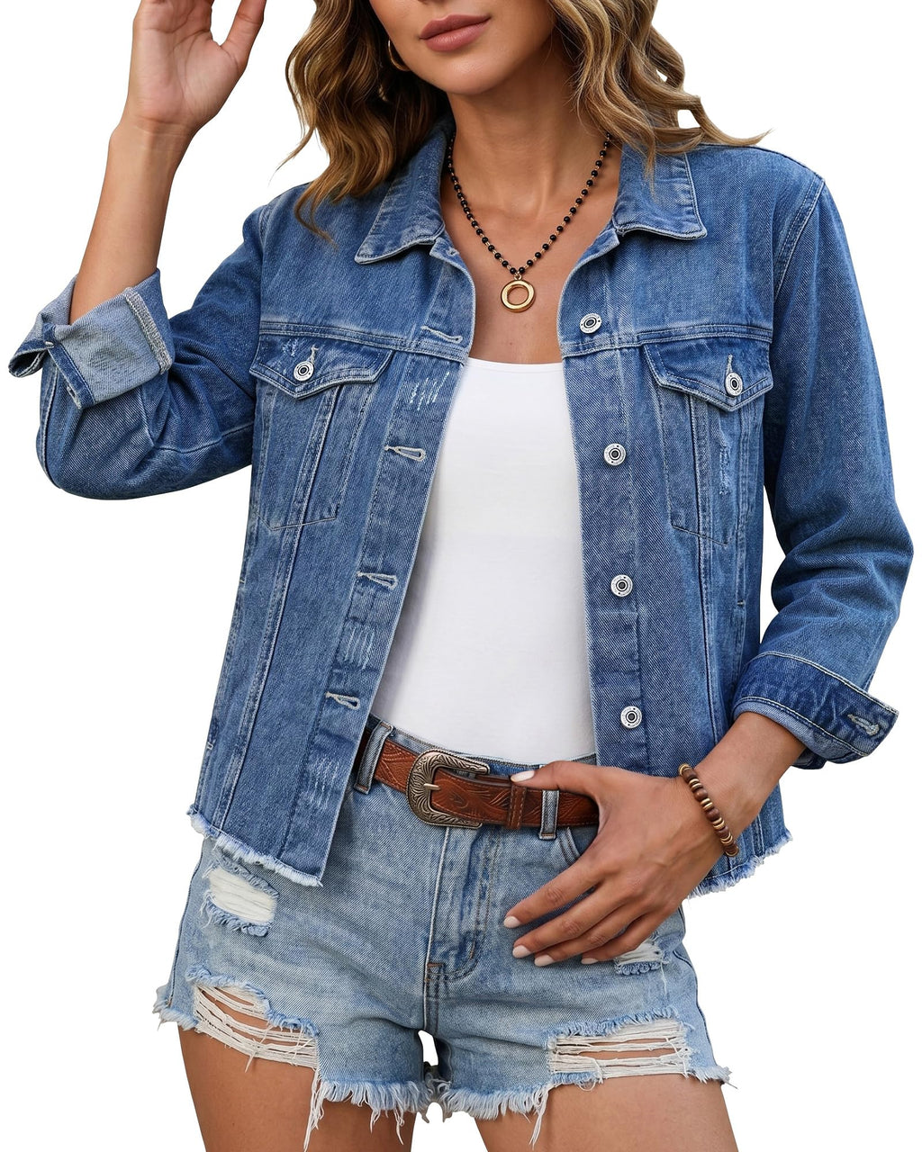 Luvamia Women's Classic Blue Light Denim Jacket, Regular Fit, Size Large