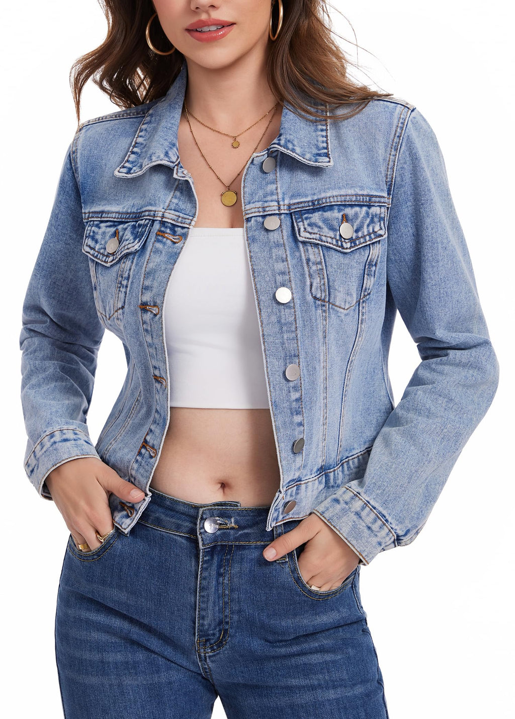 Andy & Natalie Jean Jacket Women Trendy Denim Long Sleeve Basic Button Down Cropped Shackets Light Della Robbia Blue Small