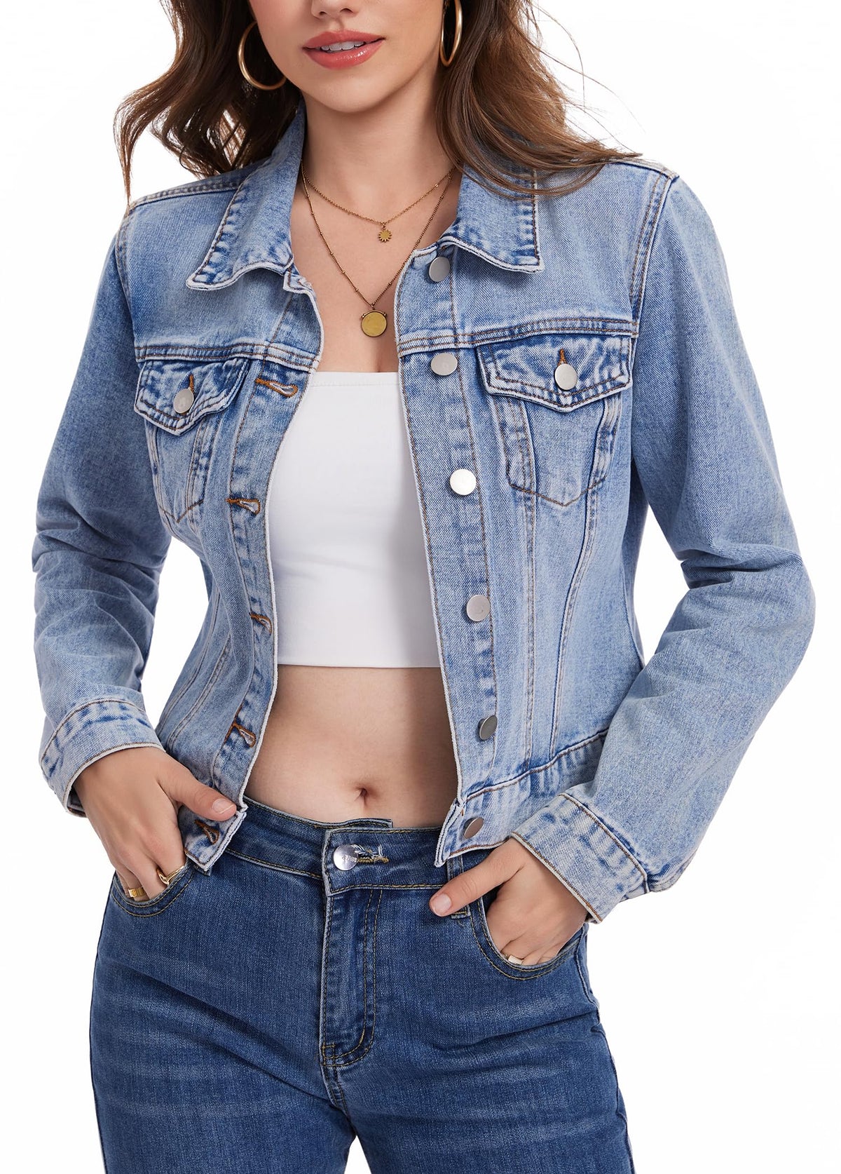 Andy & Natalie Jean Jacket Women Trendy Denim Long Sleeve Basic Button Down Cropped Shackets Light Della Robbia Blue Small