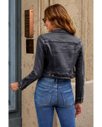 Luvamia Women's Long Sleeve Button Down Stretchy Denim Jean Jacket - Cropped, Dressy Utility Style In Faded Black - Size X-large (fits