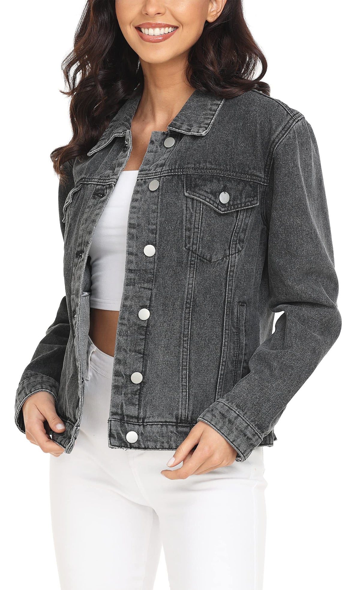 Miss Moly Women's Denim Jacket Classic Button Up Jean Dark Grey Xs