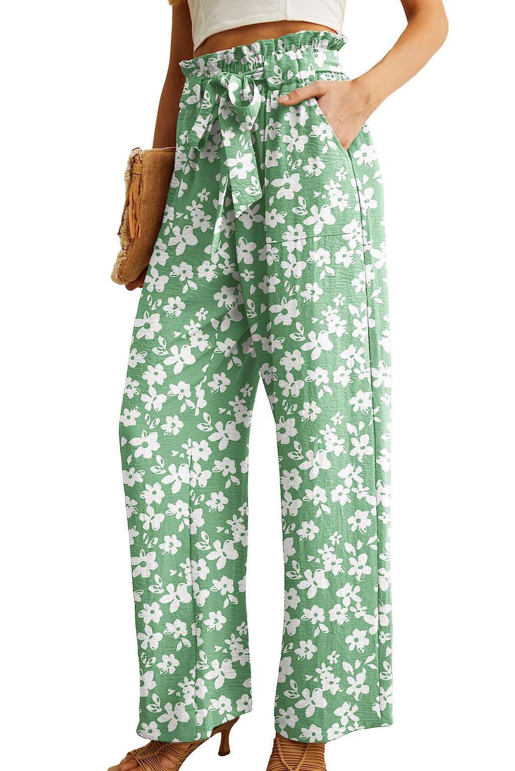 Iwollence Women Flowy Palazzo Pants Adjustable Knot - 10 Green White