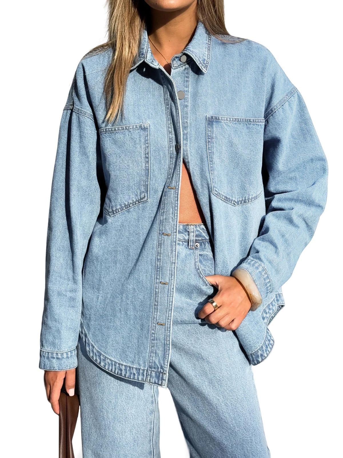 Emmiol Women Denim Shirts Oversized Long Sleeve Button Down Blouse Distresse Jean Jacket Fall Outfits 2026 Blue,l
