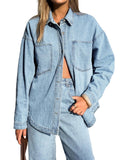 Emmiol Women Denim Shirts Oversized Long Sleeve Button Down Blouse Distresse Jean Jacket Fall Outfits 2026 Blue,m