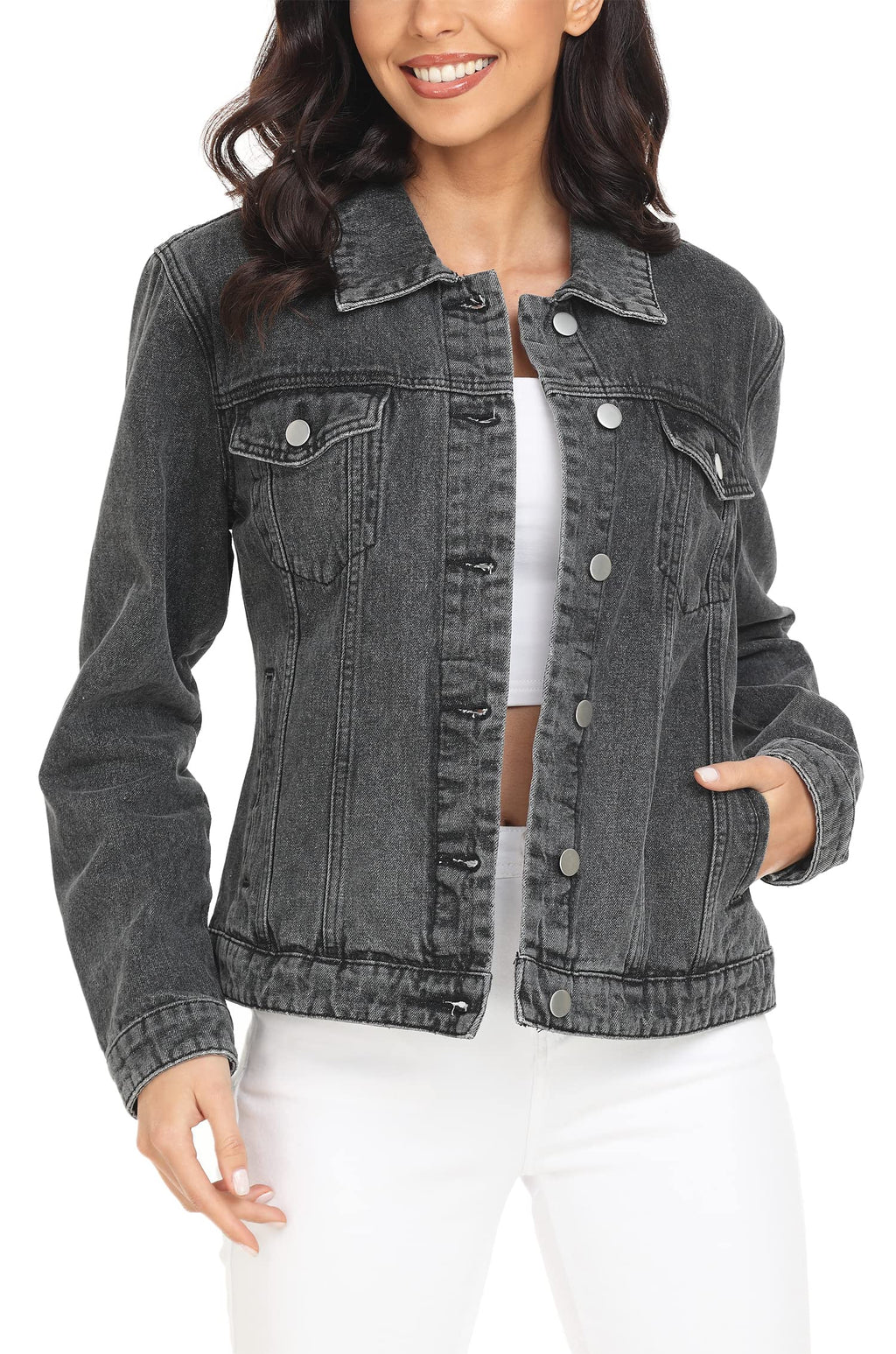 Miss Moly Women's Denim Jacket Classic Button Up Jean Dark Grey XL