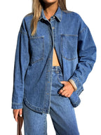 Emmiol Women Denim Shirts Oversized Long Sleeve Button Down Blouse Distresse Jean Jacket Fall Outfits 2026 Mid Blue,xl