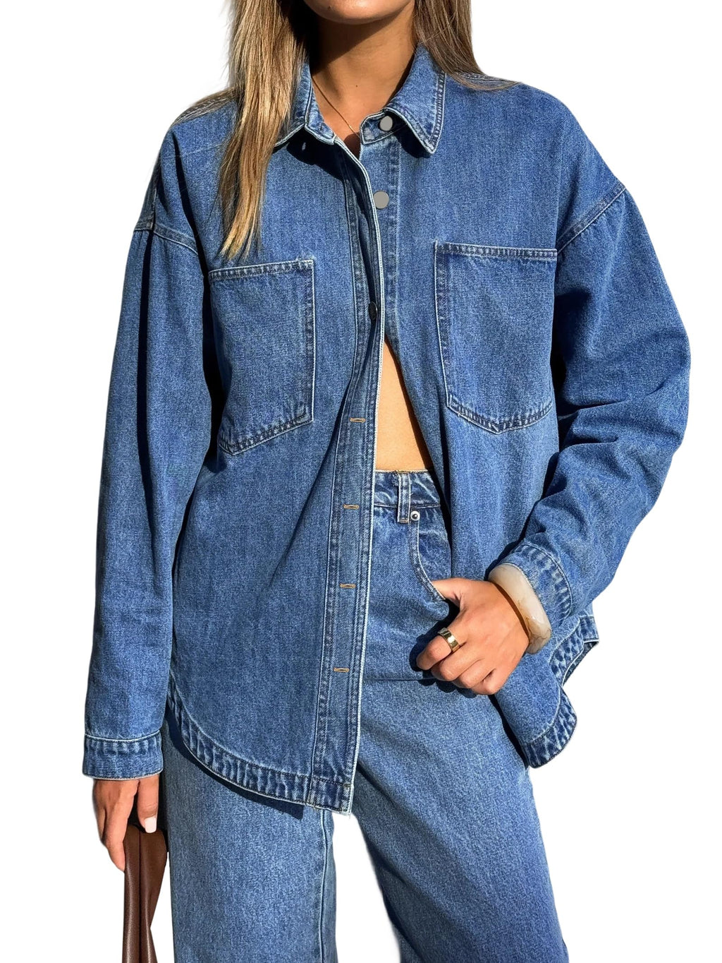 Emmiol Women Denim Shirts Oversized Long Sleeve Button Down Blouse Distresse Jean Jacket Fall Outfits 2026 Mid Blue,2xl