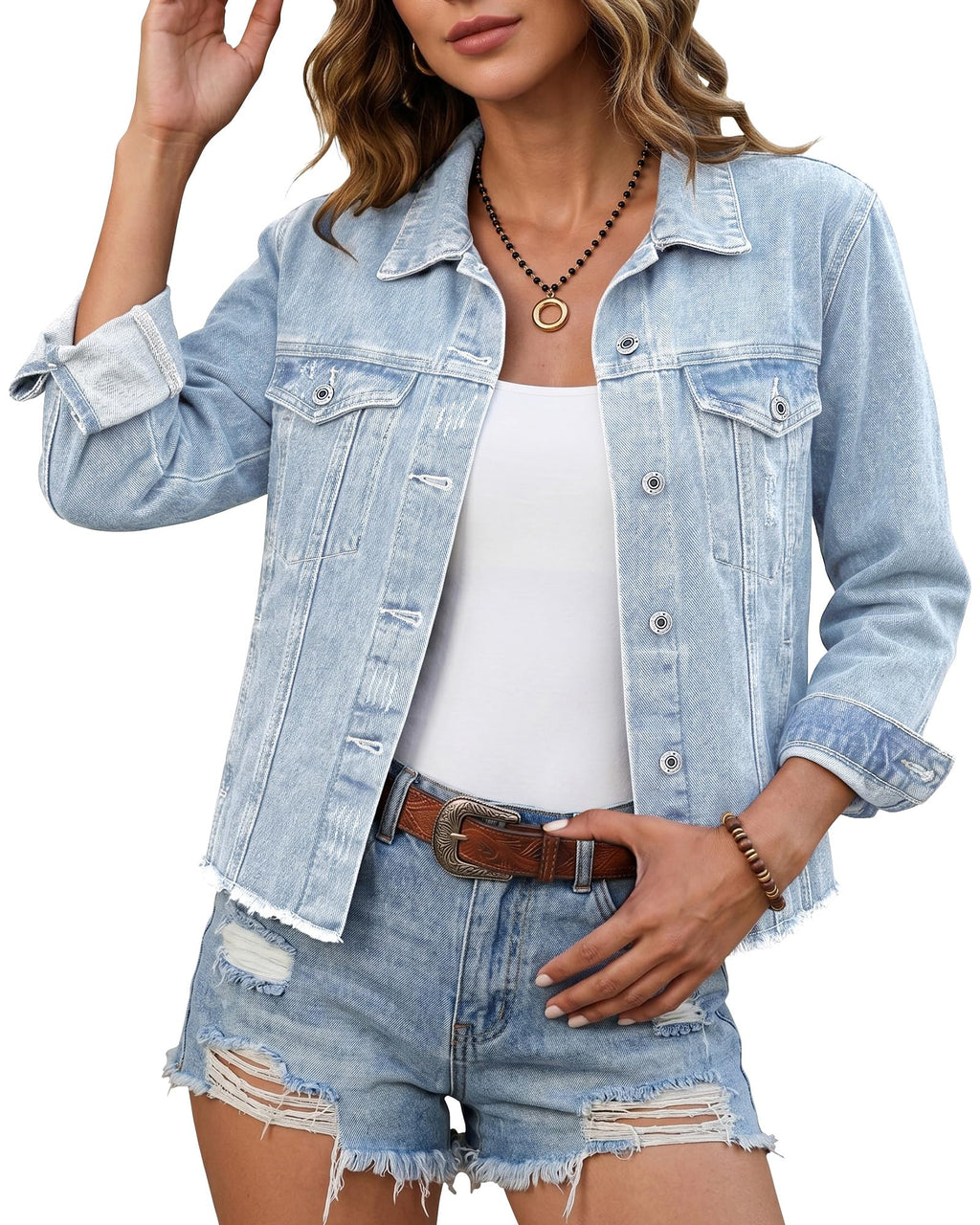 Luvamia Denim Jacket For Women Distressed Jean Jackets Button Up Vintage Western Trucker Frayed Hem Pockets Roadnight Blue X-small