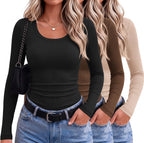 Ekouaer 3 Packs Womens Long Sleeve Shirts Scoop Neck Ribbed Tops
