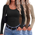 Ekouaer 3 Packs Womens Long Sleeve Shirts Scoop Neck Ribbed Tops