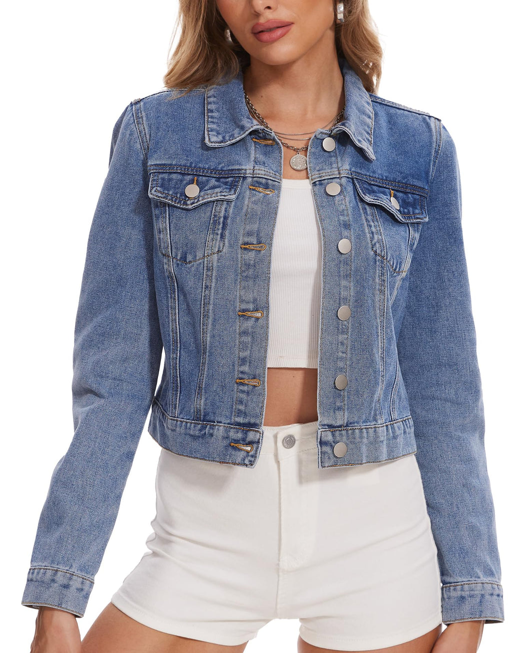 Andy & Natalie Jean Jacket For Women Fashion Denim Jackets Long Sleeve Basic Button Down Crop Shacket With Pockets X-large - Blue