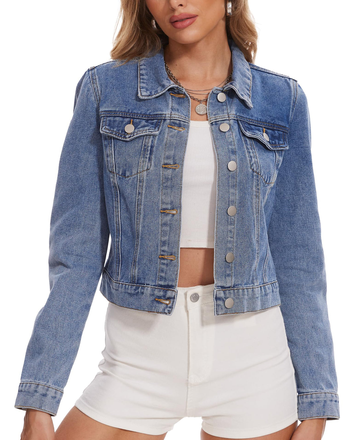 Andy & Natalie Jean Jacket For Women Fashion Denim Jackets Long Sleeve Basic Button Down Crop Shacket With Pockets X-large - Blue
