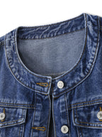Kedera Jean Jacket Women Collarless Button Down Long Sleeve Western Denim Country Concert Outfits - Wash Dark Blue