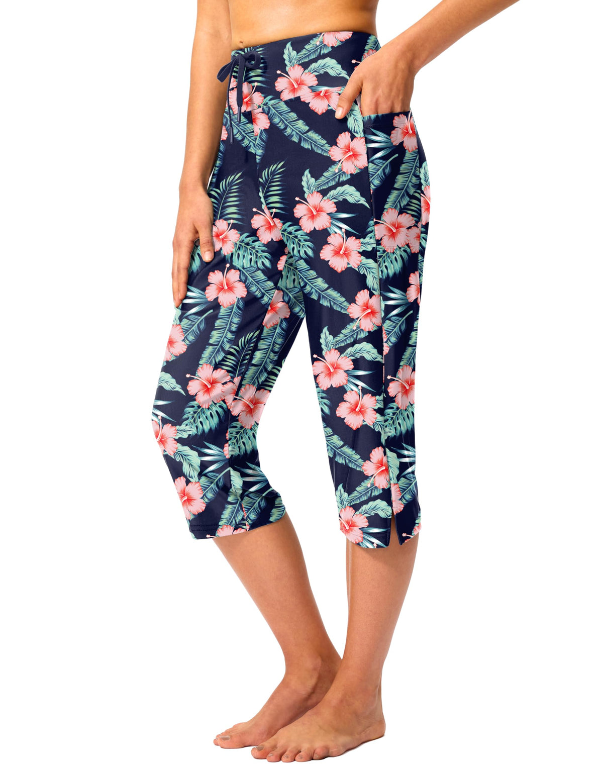 Viodia 18'' Women's Swim Capris Pants with Pockets Navy Flower 4XL
