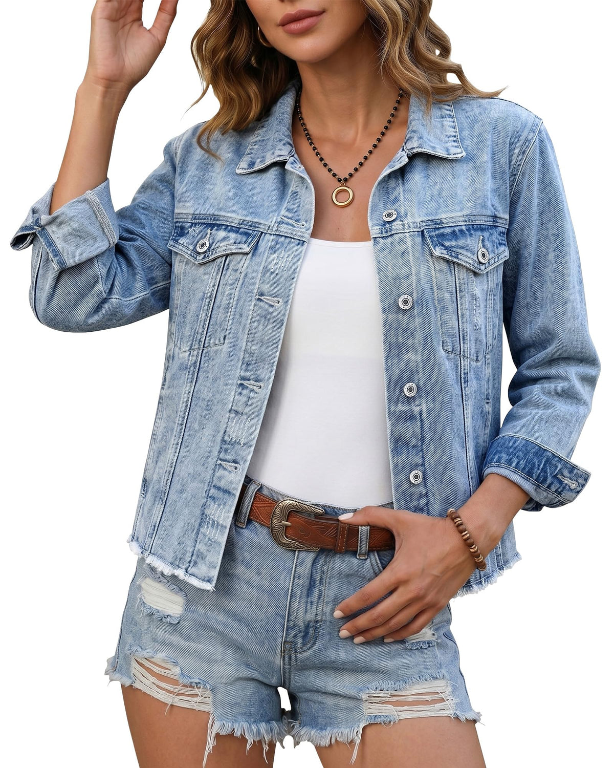 Luvamia Women's Distressed Denim Shirt Jacket - Light Blue Utility - Summer Jean Top - Size Large (fits 12-14) - Wishful