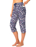 Viodia 18'' Women's Swim Capris Pants with Pockets Pink Purple Floral L