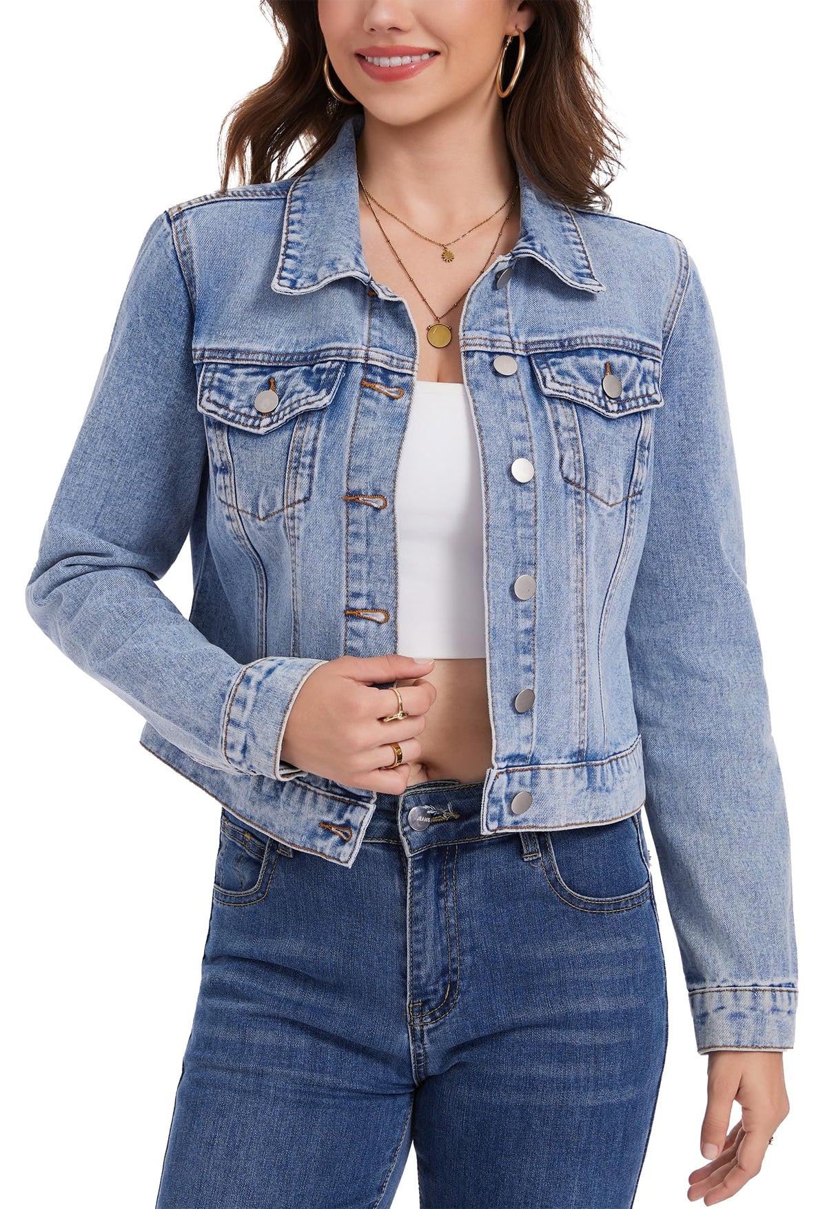 Andy & Natalie Jean Jacket Women Trendy Denim Long Sleeve Basic Button Down Cropped Shackets Light Della Robbia Blue Medium