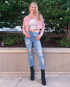 Luvamia Women's Stretchy Denim Jean Jacket - Pink, Long Sleeve, Button Down, Size 12/14