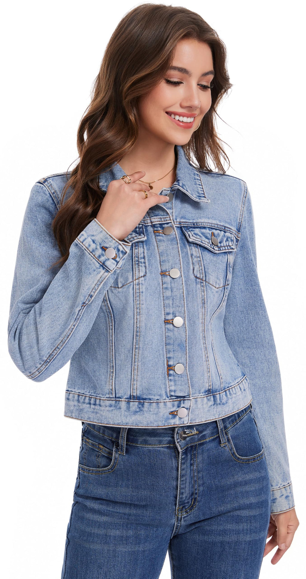 Andy & Natalie Jean Jacket Women Trendy Denim Long Sleeve Basic Button Down Cropped Shackets Light Della Robbia Blue X-large