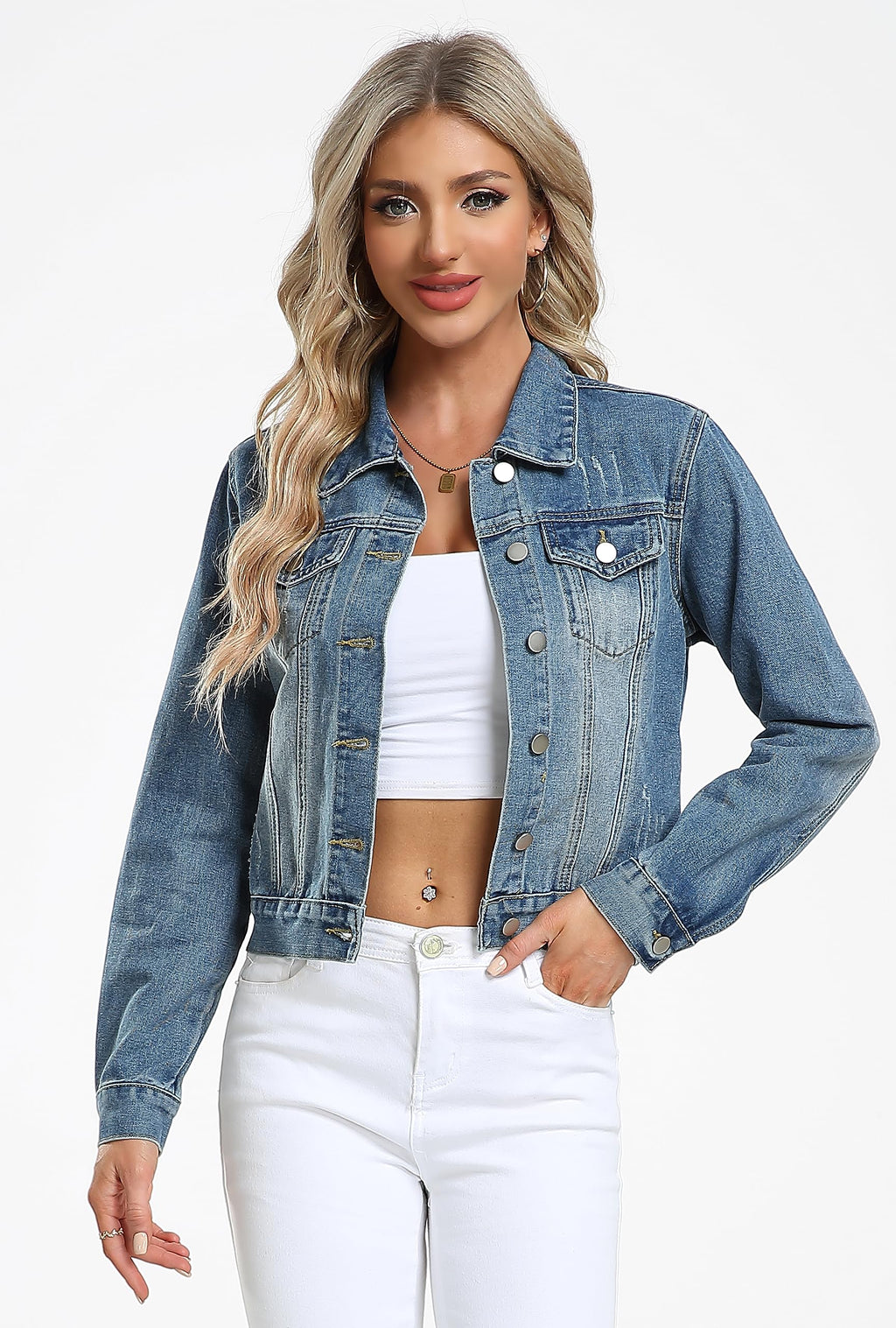Andy & Natalie Jean Jacket Women Fashion Denim Jackets Long Sleeve Basic Button Down Crop With Pockets Medium Blue X-small