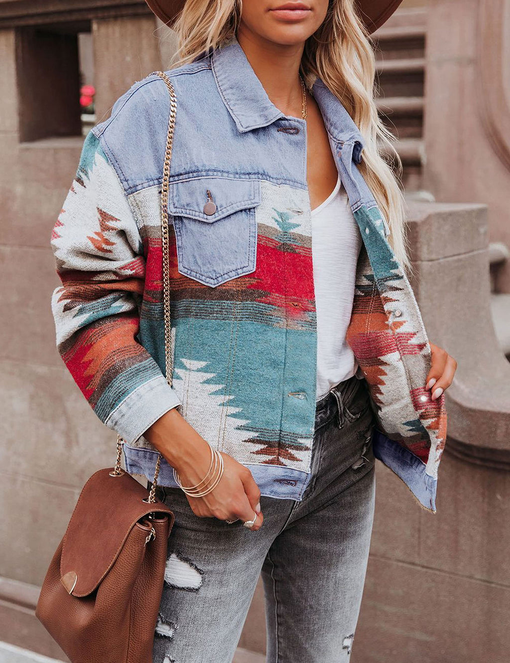 Women's Lumister Aztec Denim Jacket Distressed Lapel Long Sleeve Vintage Button Down Shacket(0007-lightblue-l) - Light Blue