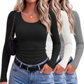 Ekouaer 3 Packs Womens Long Sleeve Shirts Scoop Neck Ribbed Tops
