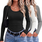 Ekouaer 3 Packs Womens Long Sleeve Shirts Scoop Neck Ribbed Tops